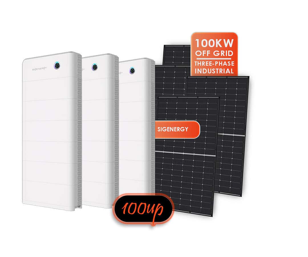 Three white SigenStor battery units arranged alongside a black solar panel against dark background