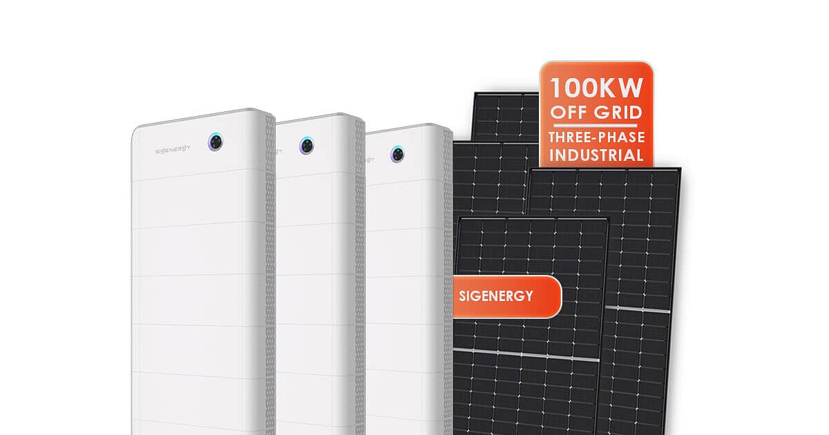 Three white SigenStor battery units arranged alongside a black solar panel against dark background