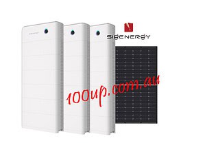 Three white SigenStor battery units arranged alongside a black solar panel against dark background