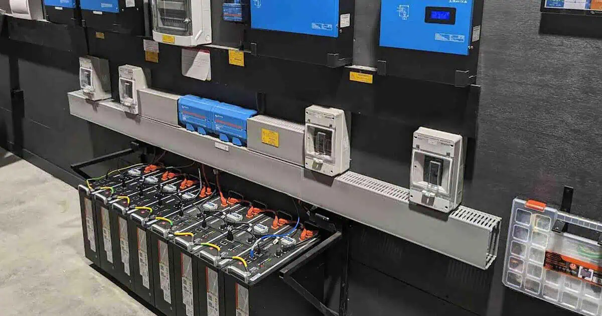 Large off-grid solar battery bank with inverters installed for a farm or business 16 to 32kW system kit