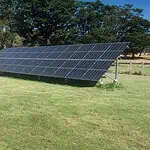 Large ground-mounted solar panel array installed on open grassland with trees in background
