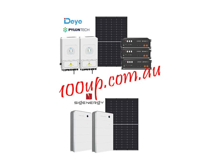 Two complete 10kW off-grid solar system configurations showing Deye inverters, Pylontech batteries and solar panels