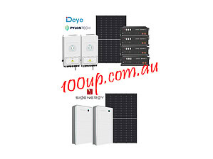 Two complete off-grid solar system configurations showing inverters, batteries and solar panels for 15kW installations