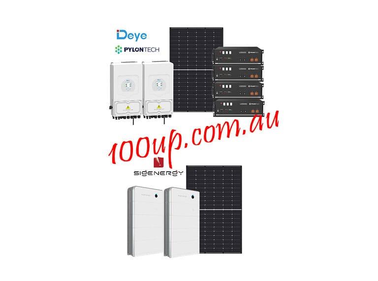 Two complete off-grid solar system configurations showing inverters, batteries and solar panels for 15kW installations