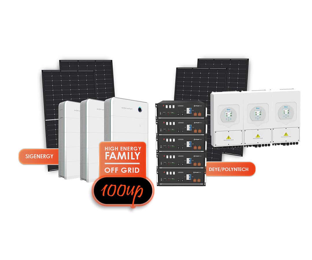 Complete 20kW off-grid solar system showing Deye inverters, Pylontech batteries, and solar panels for independent power generation