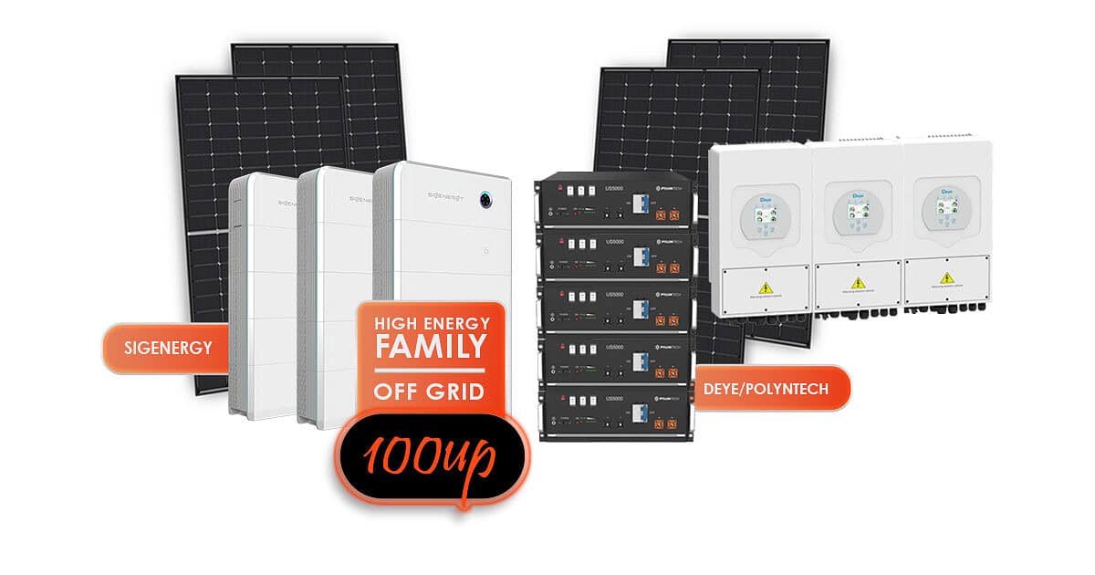 Complete 20kW off-grid solar system showing Deye inverters, Pylontech batteries, and solar panels for independent power generation