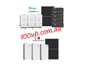 Complete 20kW off-grid solar system showing Deye inverters, Pylontech batteries, and solar panels for independent power generation