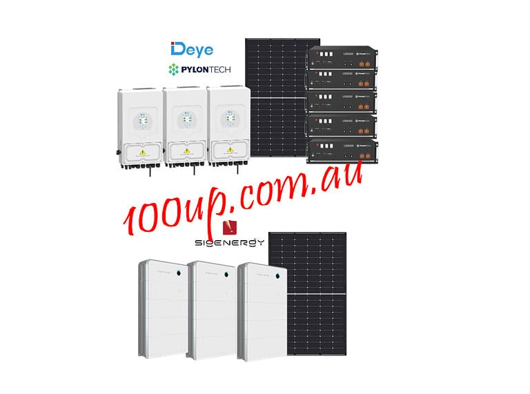Complete 20kW off-grid solar system showing Deye inverters, Pylontech batteries, and solar panels for independent power generation