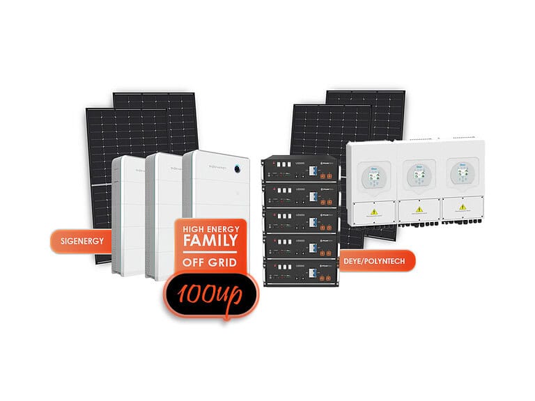 Complete 20kW off-grid solar system showing Deye inverters, Pylontech batteries, and solar panels for independent power generation