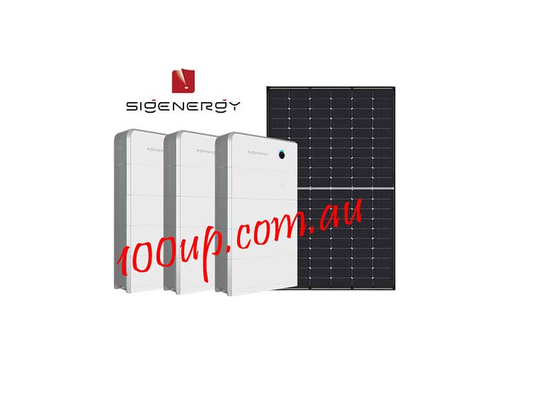 Three white battery units alongside a dark solar panel against black background with 100up.com.au branding