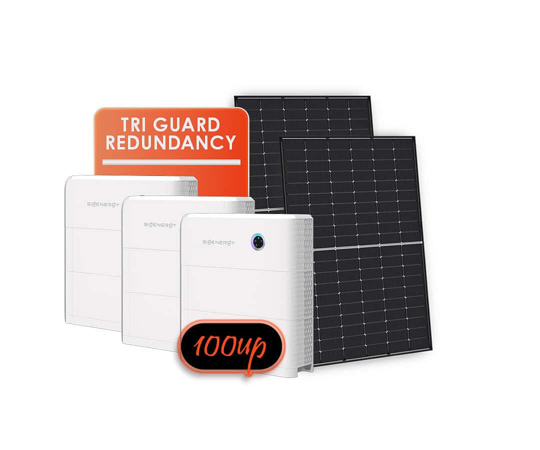 Solar panel and three white battery storage units with monitoring display for off-grid power system
