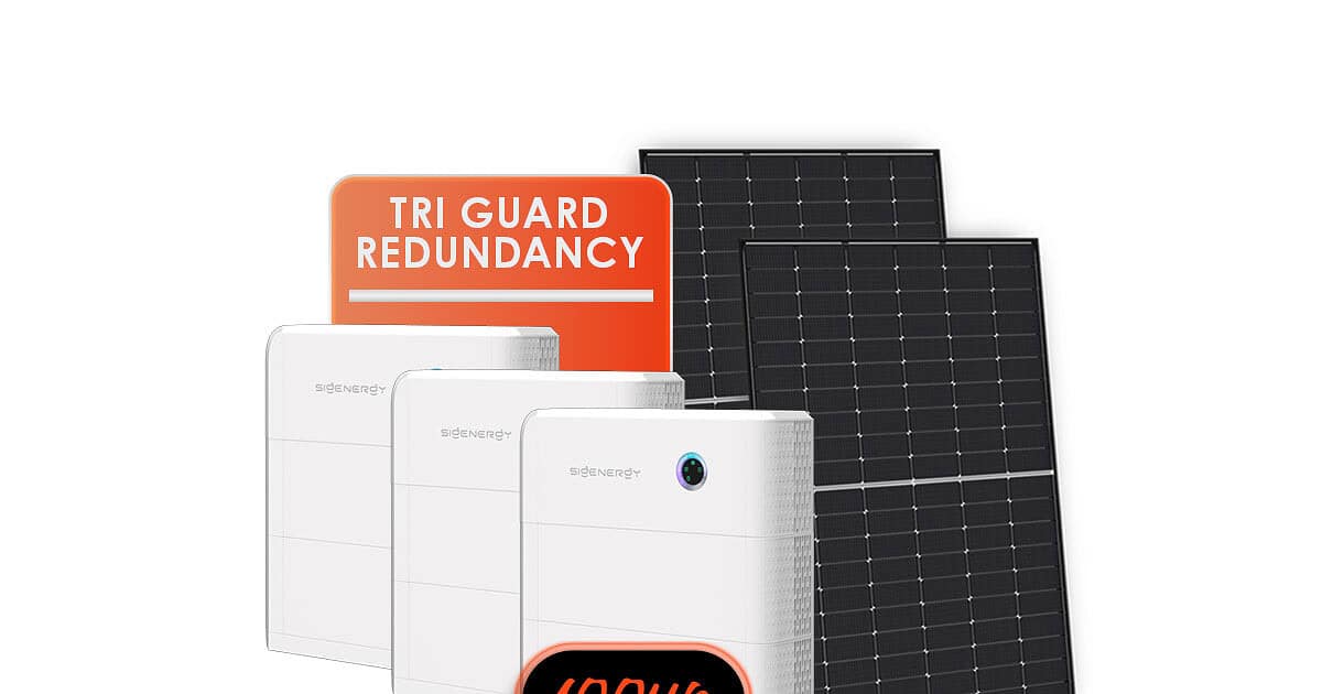 Solar panel and three white battery storage units with monitoring display for off-grid power system