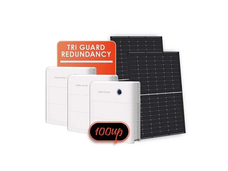 Solar panel and three white battery storage units with monitoring display for off-grid power system