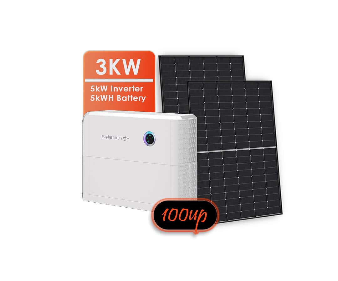 3kW off-grid solar kit showing Jinko Panels and Sigenergy inverter and 5kWh battery system