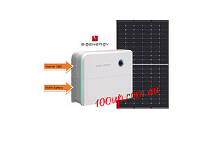 4kW off-grid solar kit showing solar panel, SideNergy inverter and 8kWh battery storage system on black background