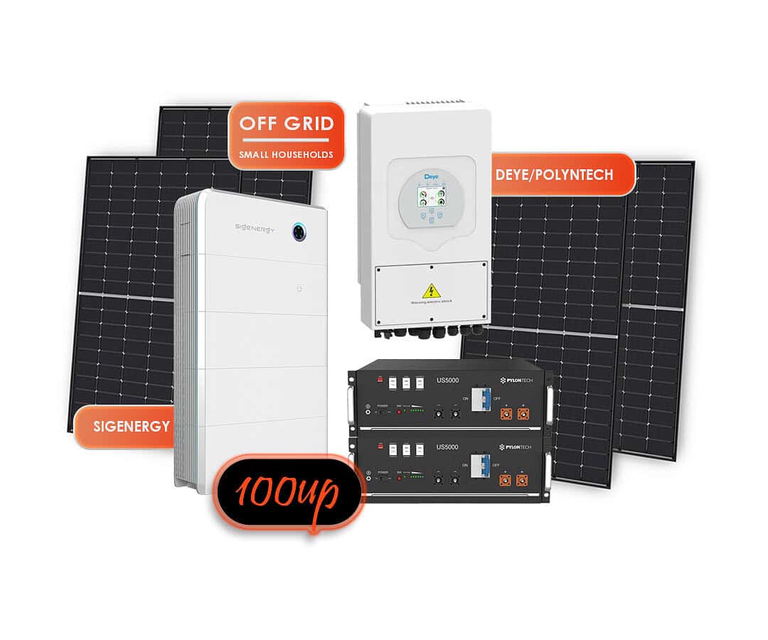 Two complete 5kW off-grid solar system configurations showing Deye inverters, solar panels and lithium battery storage options