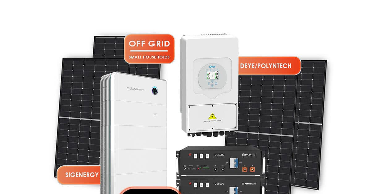 Two complete 5kW off-grid solar system configurations showing Deye inverters, solar panels and lithium battery storage options