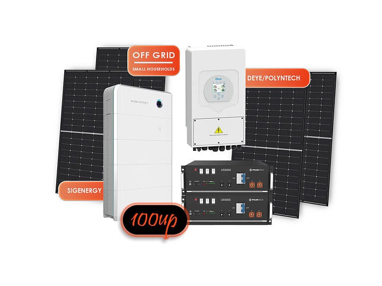 Two complete 5kW off-grid solar system configurations showing Deye inverters, solar panels and lithium battery storage options