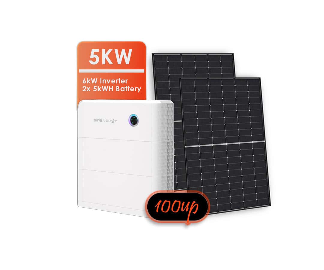 Complete 5kW off-grid solar system showing solar panel, inverter unit and dual battery configuration on black background