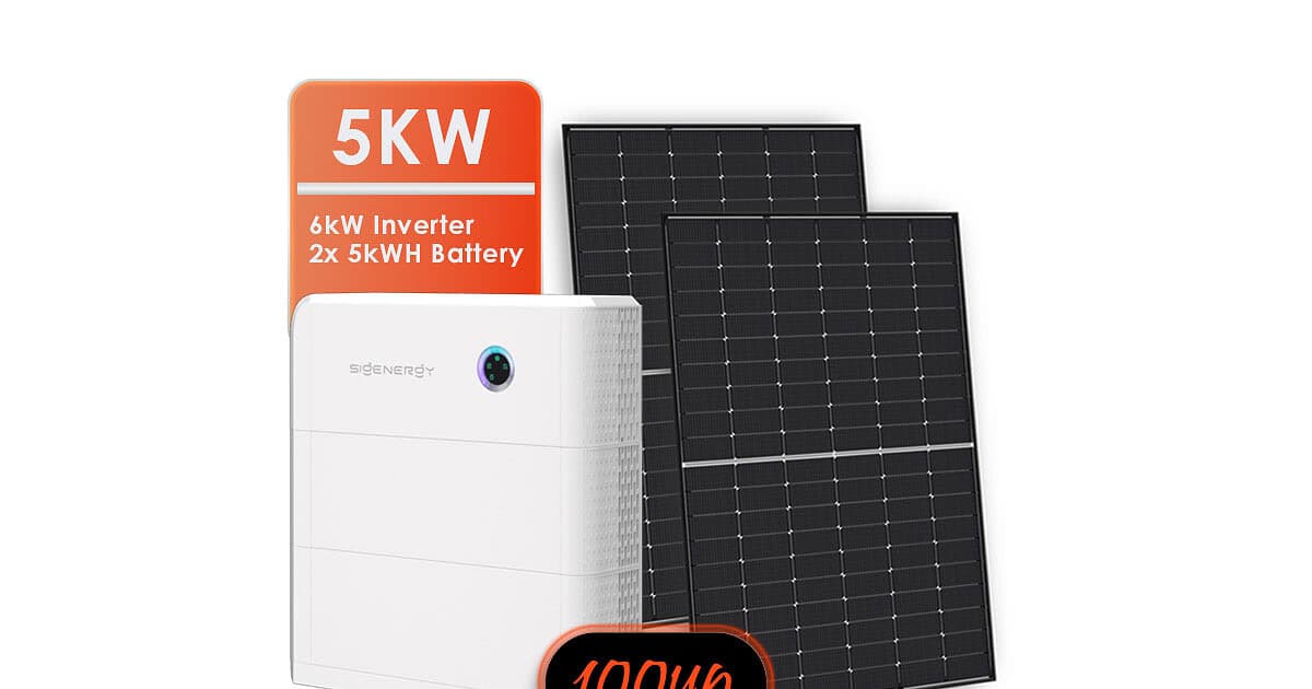 Complete 5kW off-grid solar system showing solar panel, inverter unit and dual battery configuration on black background