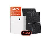 Complete 5kW off-grid solar system showing solar panel, inverter unit and dual battery configuration on black background