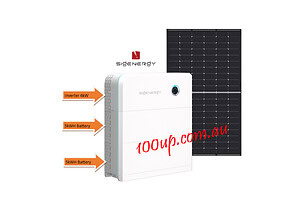 Complete 5kW off-grid solar system showing solar panel, inverter unit and dual battery configuration on black background