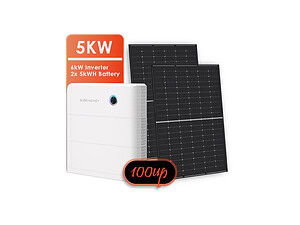 Complete 5kW off-grid solar system showing solar panel, inverter unit and dual battery configuration on black background
