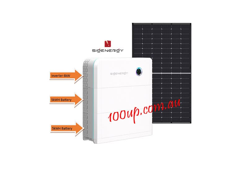 Complete 5kW off-grid solar system showing solar panel, inverter unit and dual battery configuration on black background