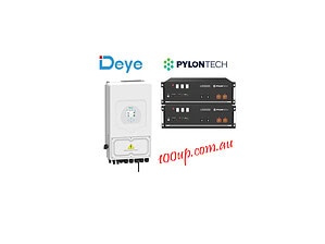 Deye hybrid inverter and Pylontech US5000 lithium battery modules displayed against black background
