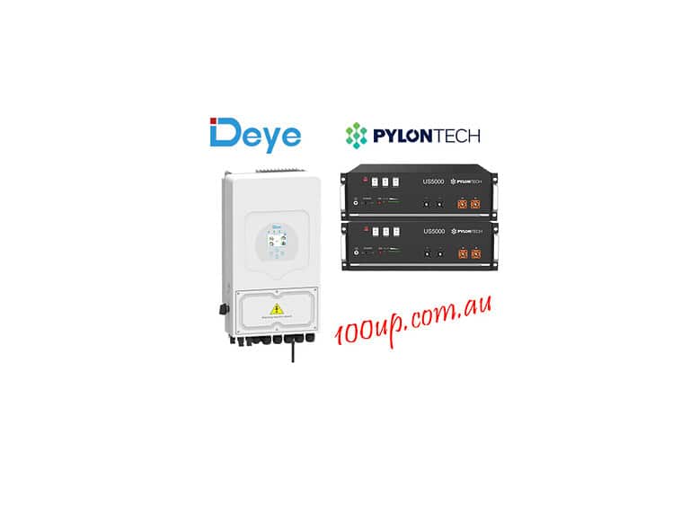 Deye hybrid inverter and Pylontech US5000 lithium battery modules displayed against black background