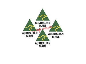 Four green triangular Australian Made logos featuring kangaroo symbols on black background