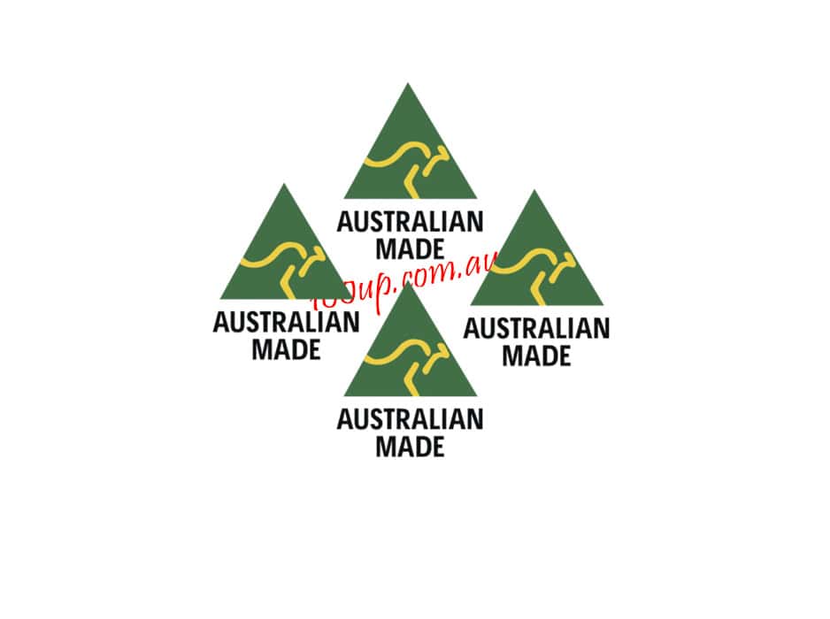 Four green triangular Australian Made logos featuring kangaroo symbols on black background