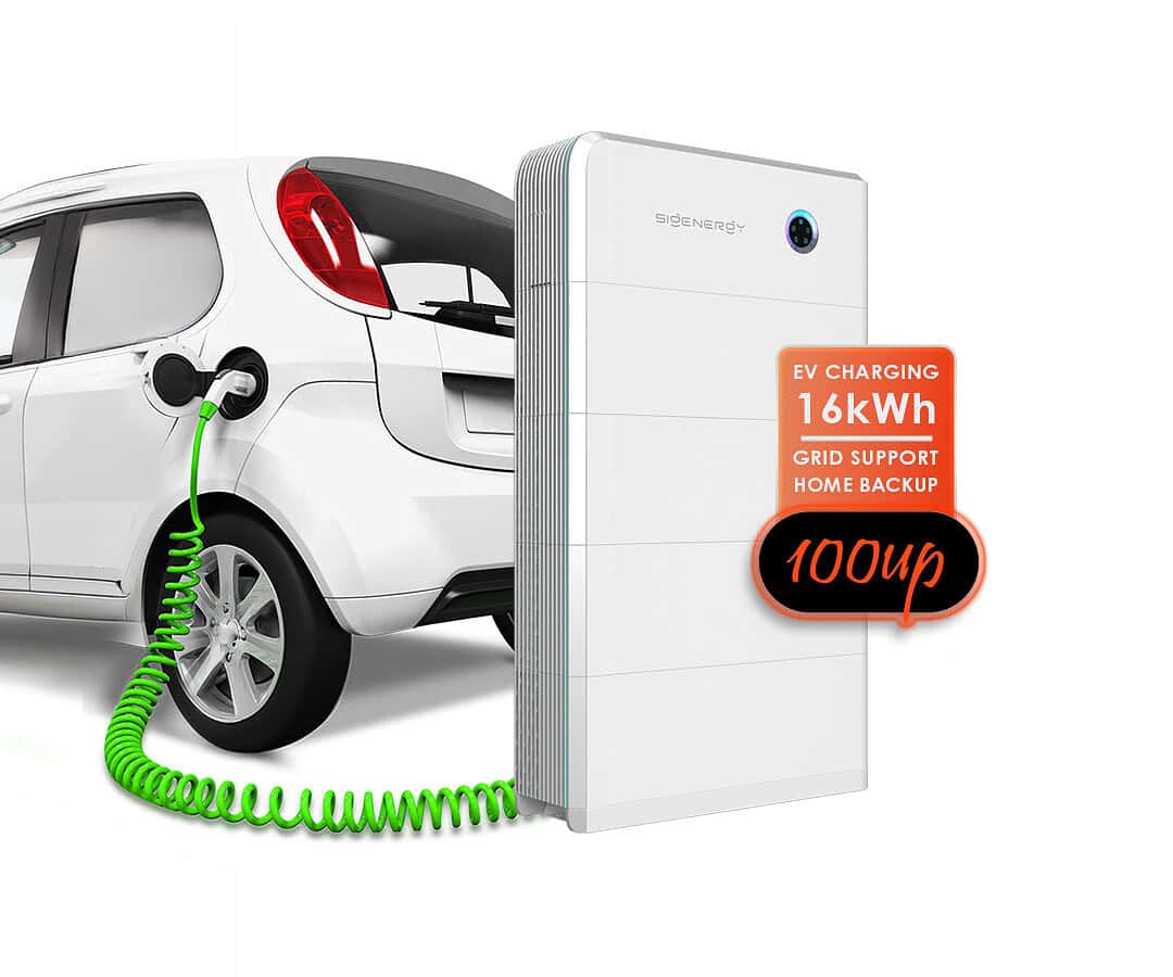 White electric vehicle connected to large battery storage unit via green charging cable on black background