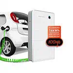 White electric vehicle connected to large battery storage unit via green charging cable on black background