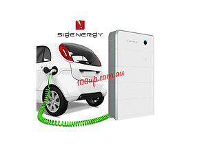 White electric vehicle connected to large battery storage unit via green charging cable on black background