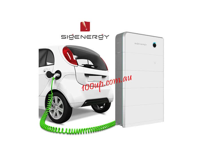 White electric vehicle connected to large battery storage unit via green charging cable on black background