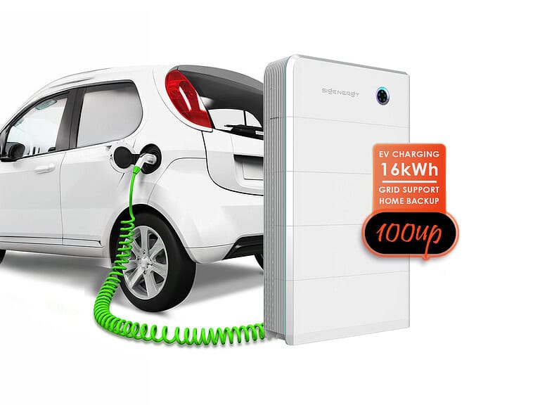 White electric vehicle connected to large battery storage unit via green charging cable on black background