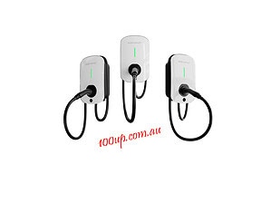 Three white wall-mounted EV AC charging stations with black cables and green LED status indicators