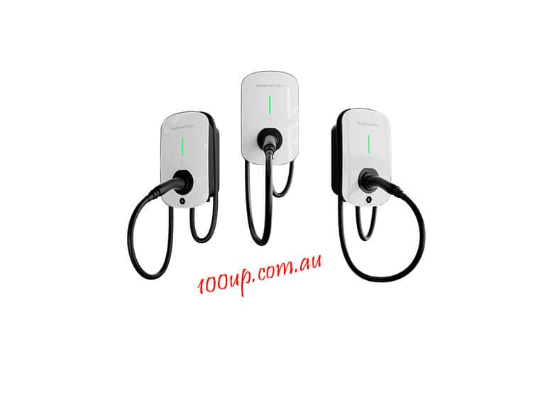 Three white wall-mounted EV AC charging stations with black cables and green LED status indicators