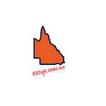 Orange outline map of Queensland state with 100up.com.au branding below