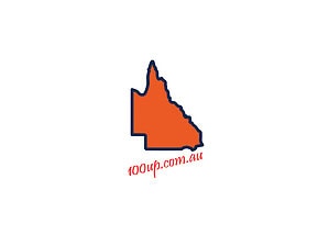 Orange outline map of Queensland state with 100up.com.au branding below