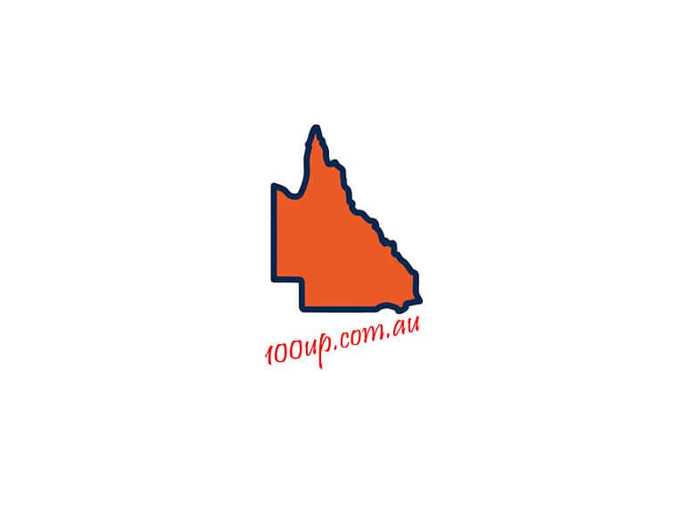 Orange outline map of Queensland state with 100up.com.au branding below