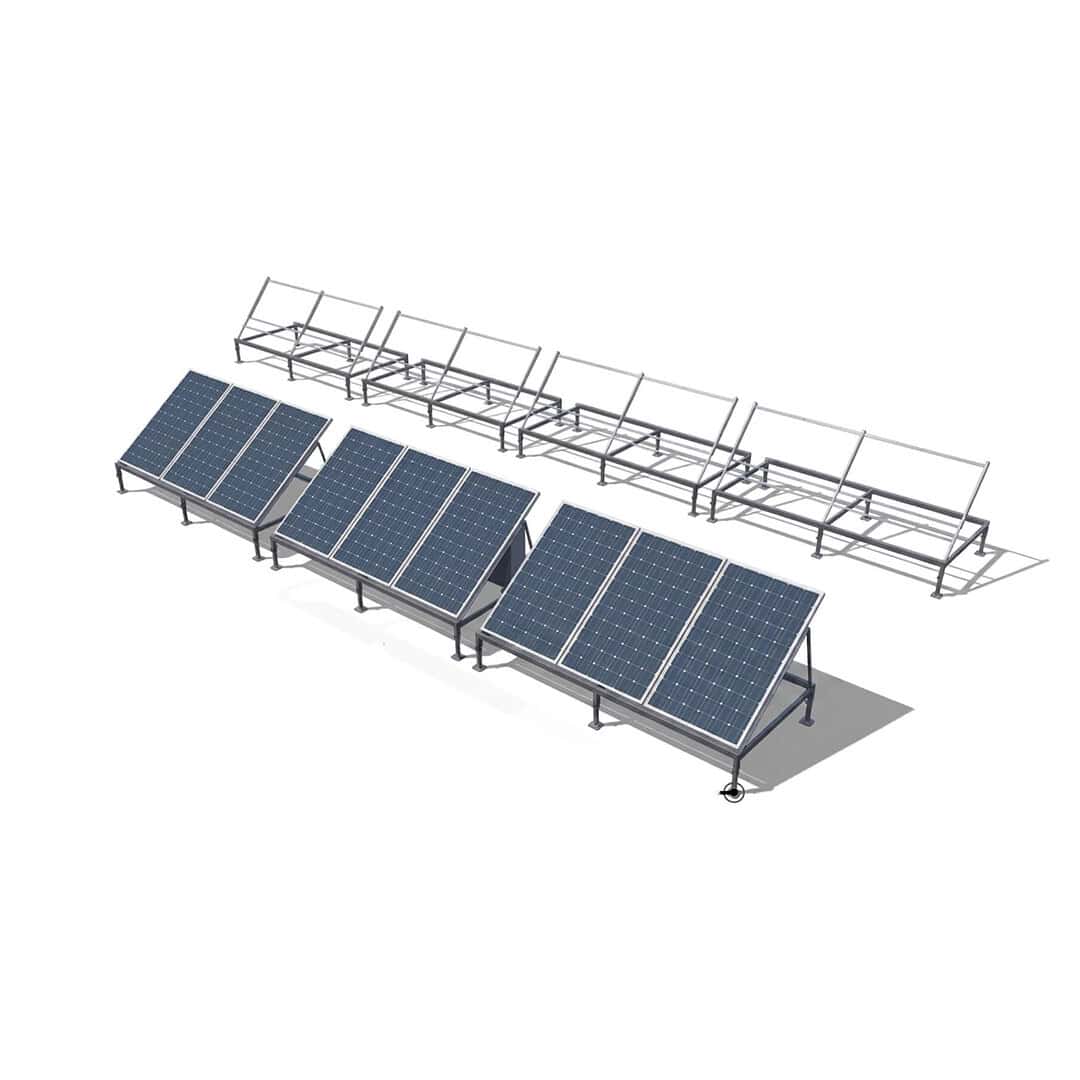 3D render showing expandable ground-mount solar system with blue panels on left section and empty mounting frames on right