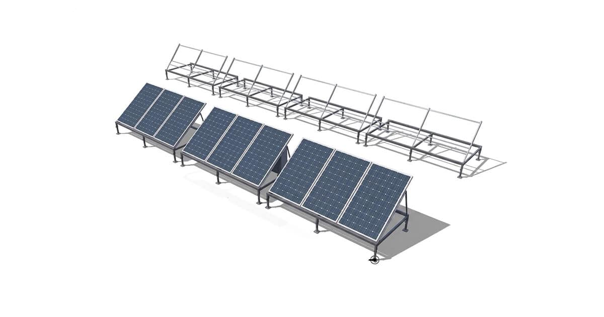 3D render showing expandable ground-mount solar system with blue panels on left section and empty mounting frames on right