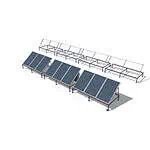 3D render showing expandable ground-mount solar system with blue panels on left section and empty mounting frames on right