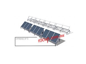 3D render showing expandable ground-mount solar system with blue panels on left section and empty mounting frames on right