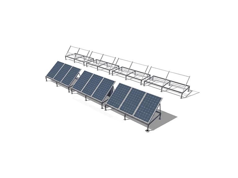 3D render showing expandable ground-mount solar system with blue panels on left section and empty mounting frames on right