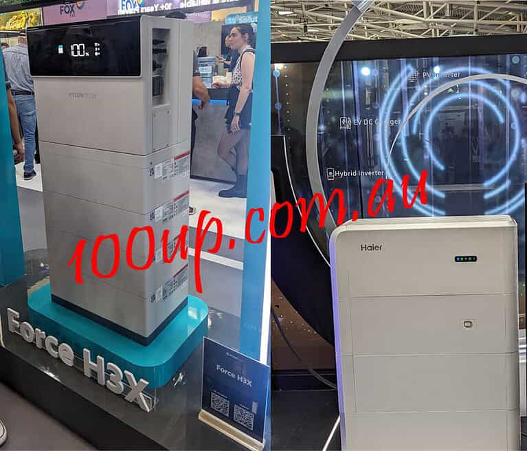 Pylontech Force H3X modular battery system and Haier hybrid inverter displayed at Intersolar trade show exhibition