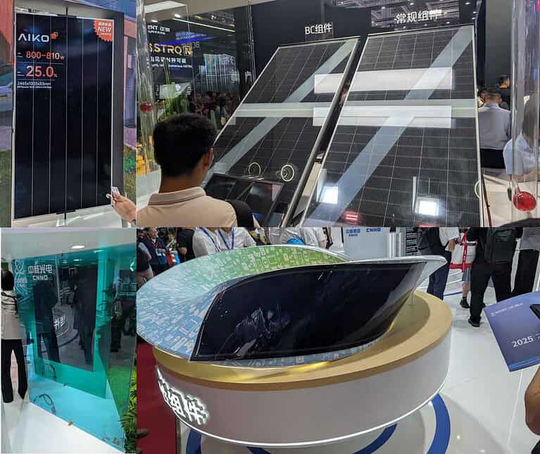 Trade show booth displaying curved solar panels and efficiency specifications at Chinese solar technology exhibition