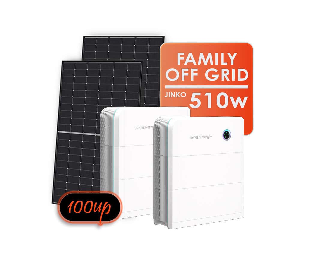 JinKO Solar 510W panel displayed alongside white battery storage units against black background